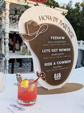 Load image into Gallery viewer, Beige and Brown drink menu with cowboy hat and fonts