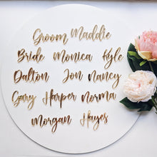 Load image into Gallery viewer, Gold acrylic custom name cutouts place cards - Can be used for just about any kind of special event such as a wedding or birthday party where seating arrangements are assigned. 
