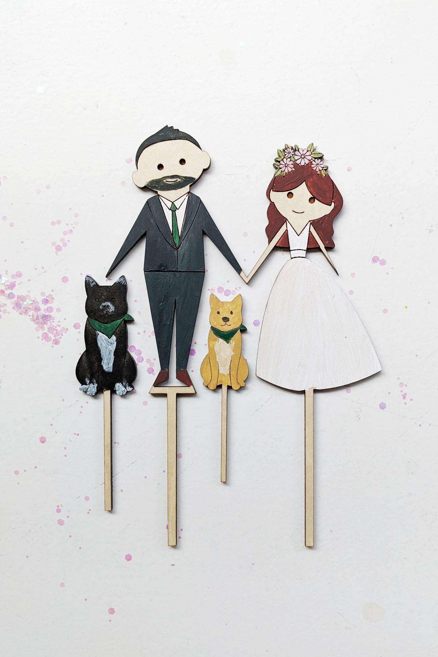 Wedding Topper - Bride and Groom and Pets