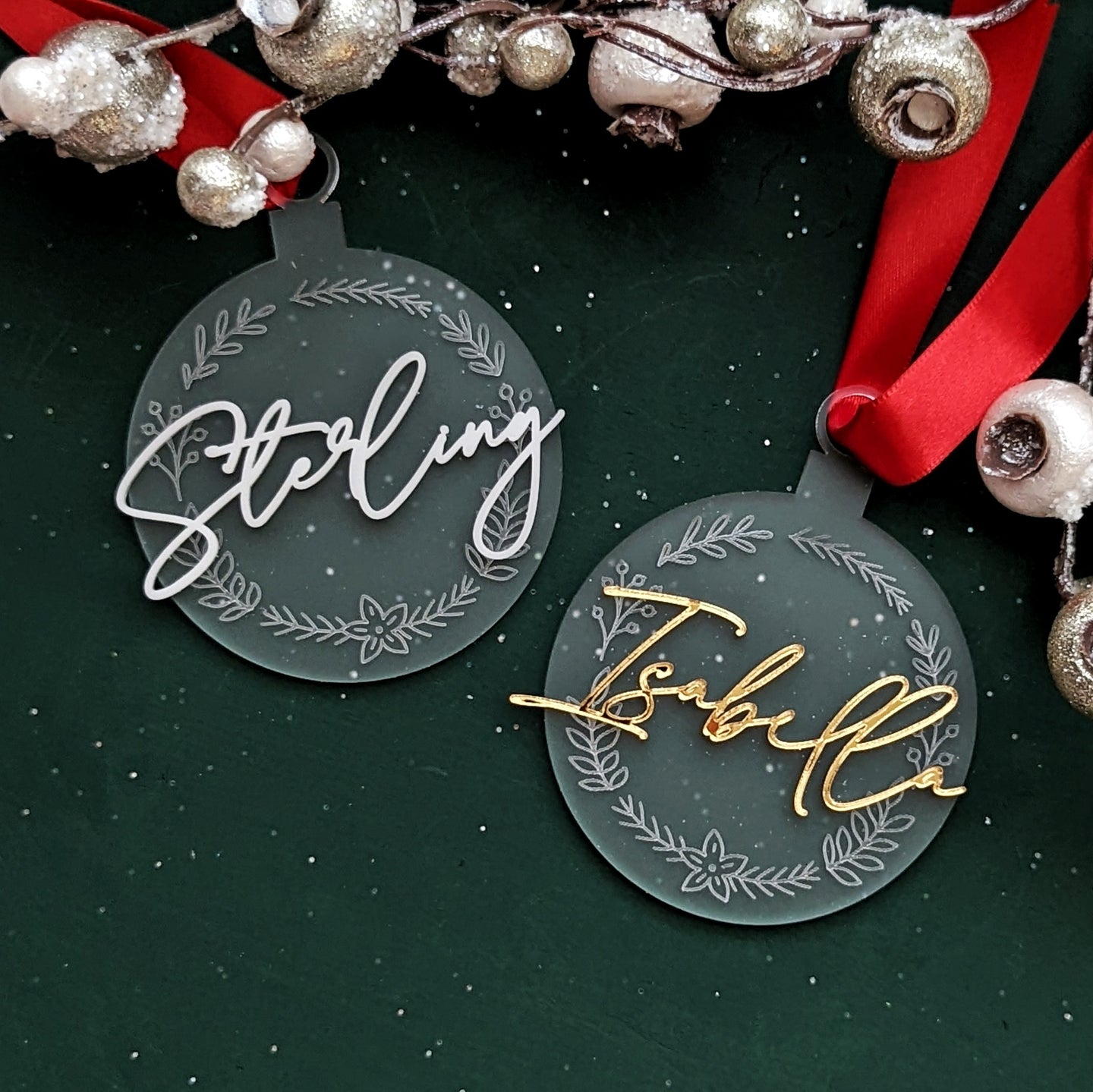Custom Name Wreath Ornament - Frosted Round